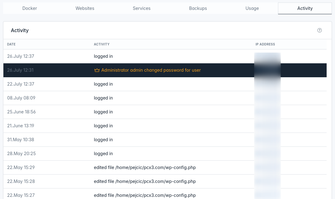 hitechadmin users single user view activity tab