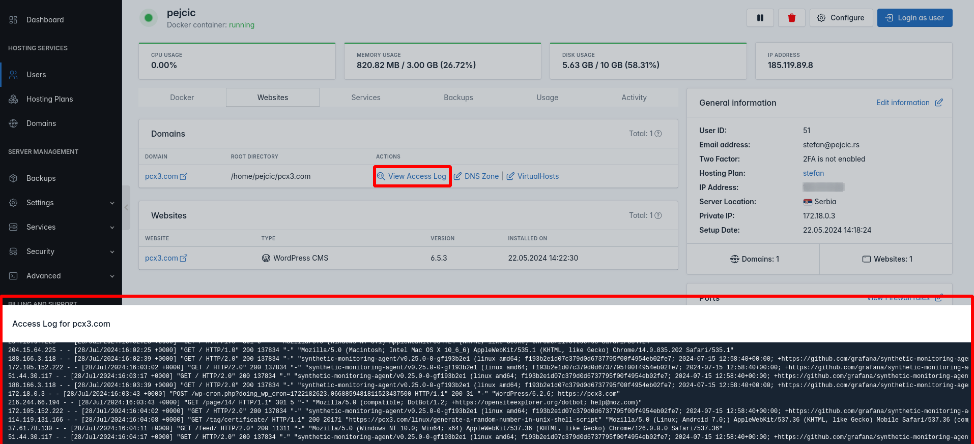 hitechadmin users single user view domain access log