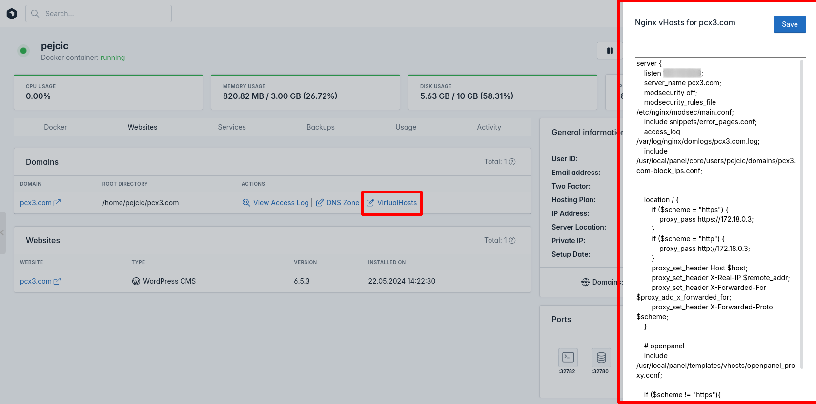 hitechadmin users single user view domain vhosts file