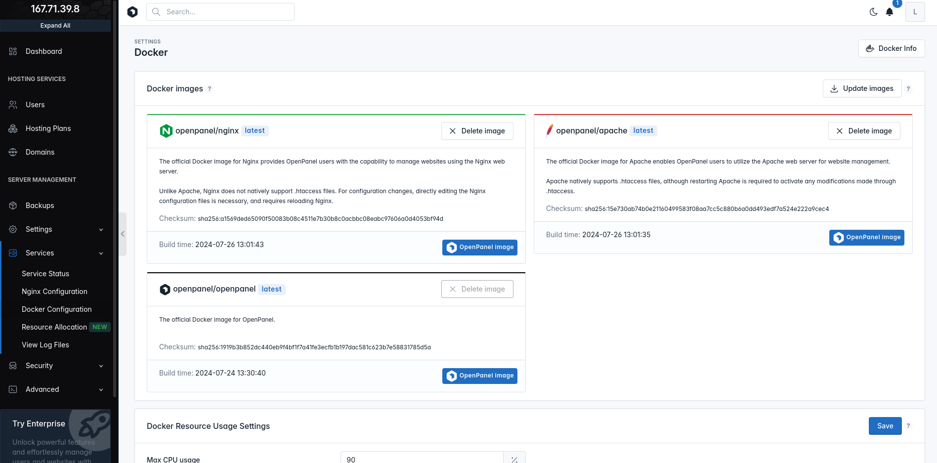 hitechadmin docker settings