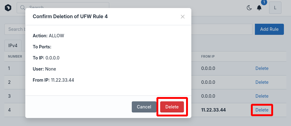 hitechadmin firewall delete rule