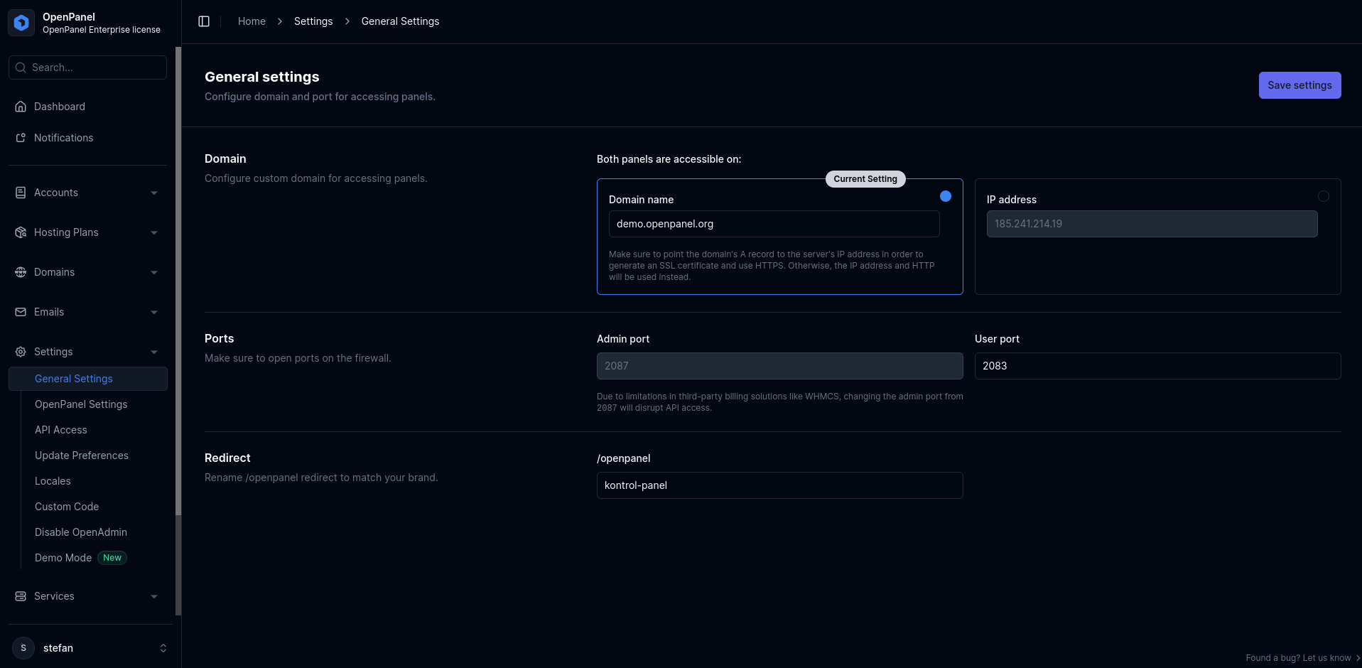 hitechadmin general panel settings
