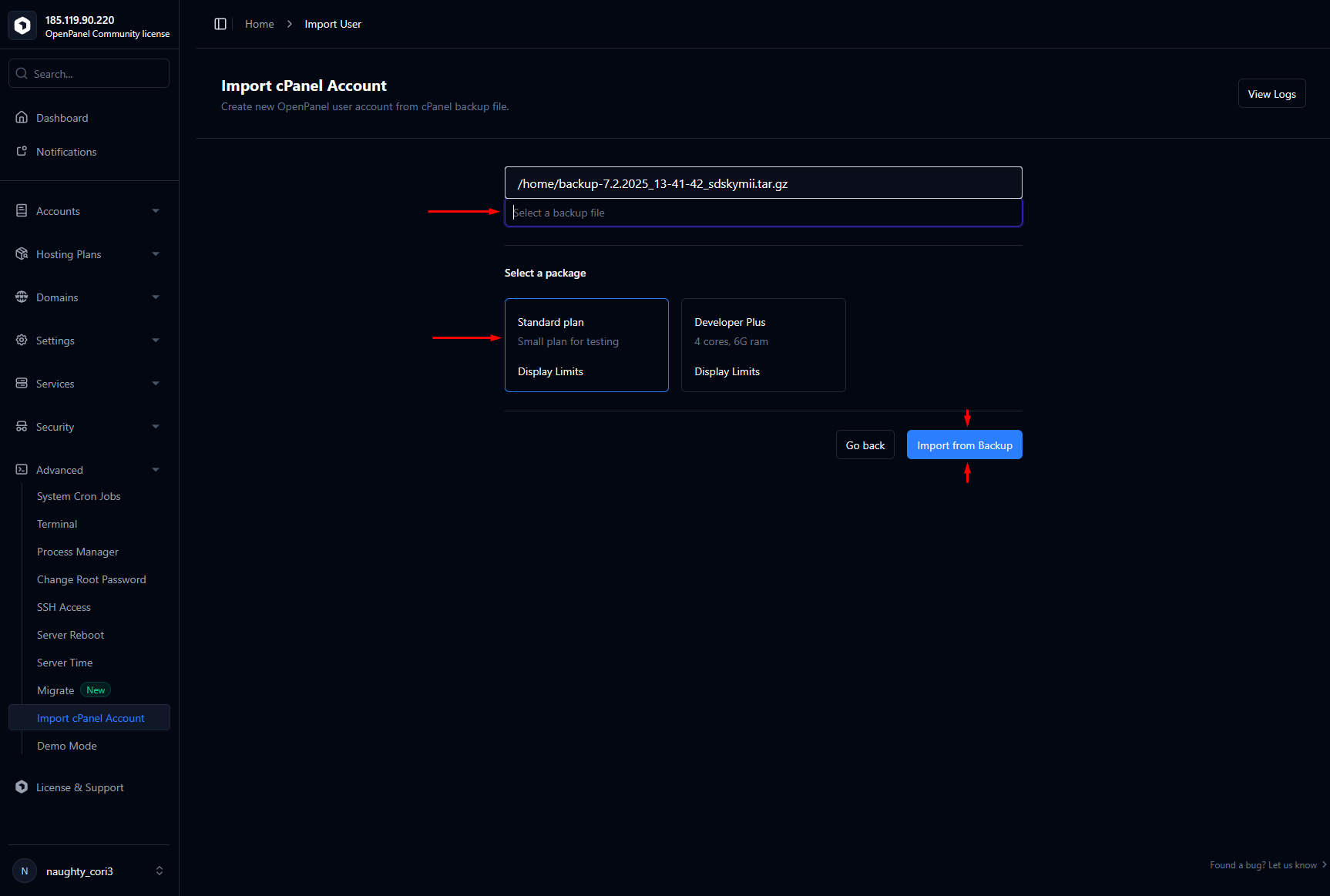 import cpanel backup in hitechcloud2