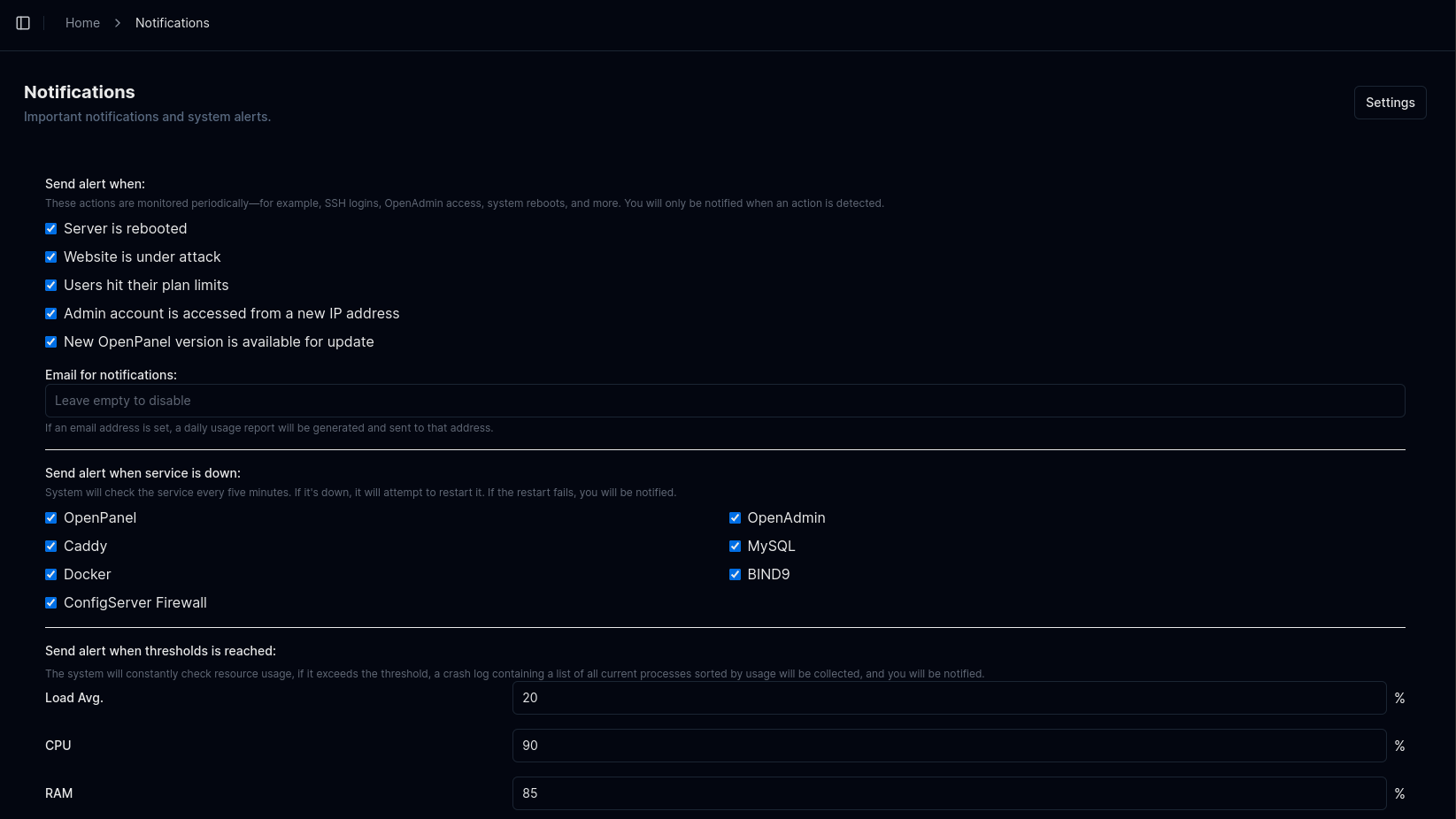 hitechadmin notifications settings