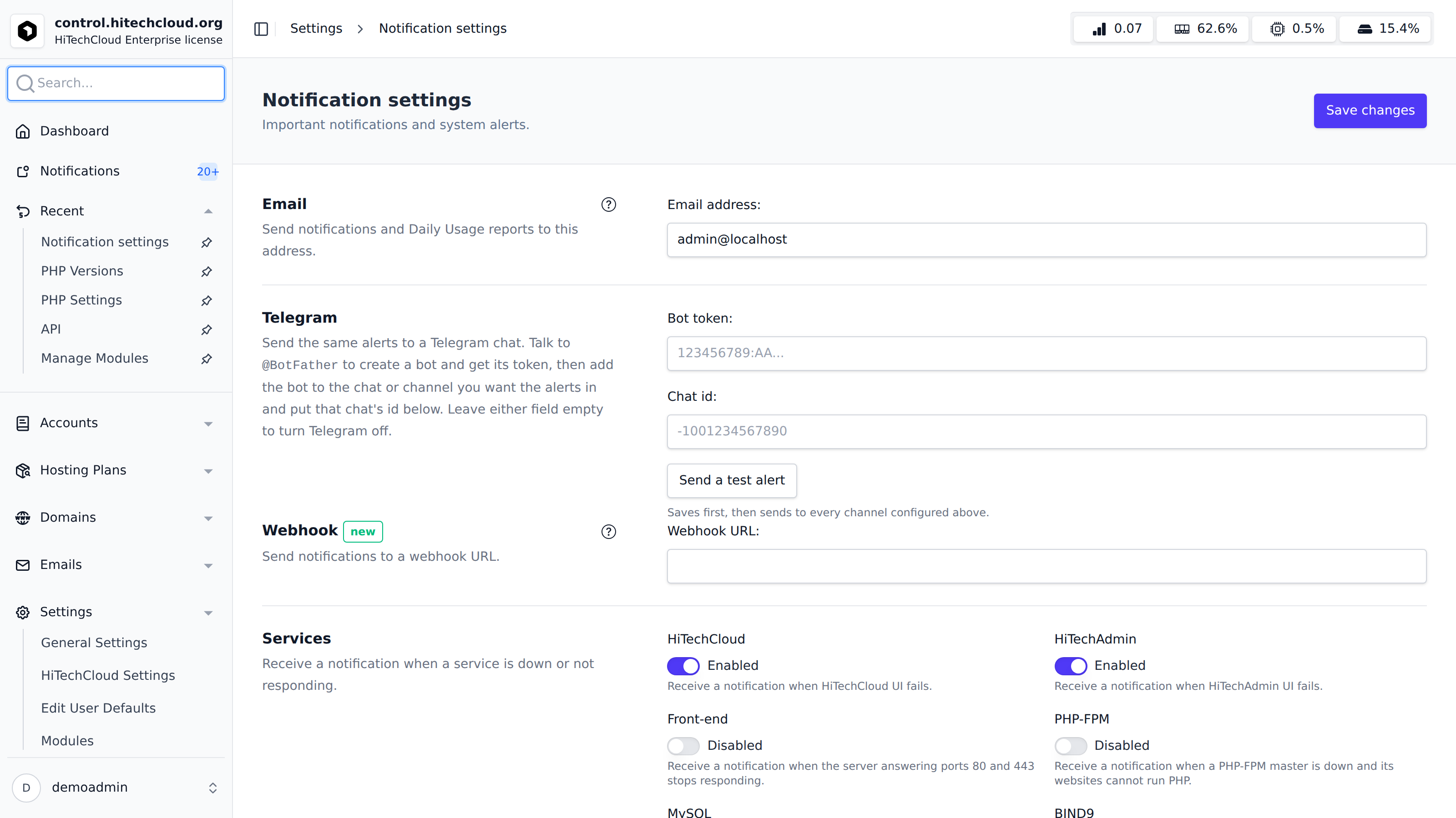 hitechadmin notifications settings