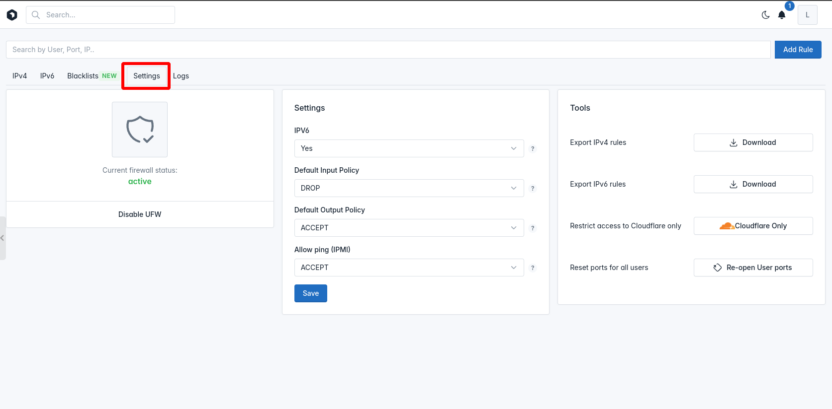 hitechadmin firewall settings