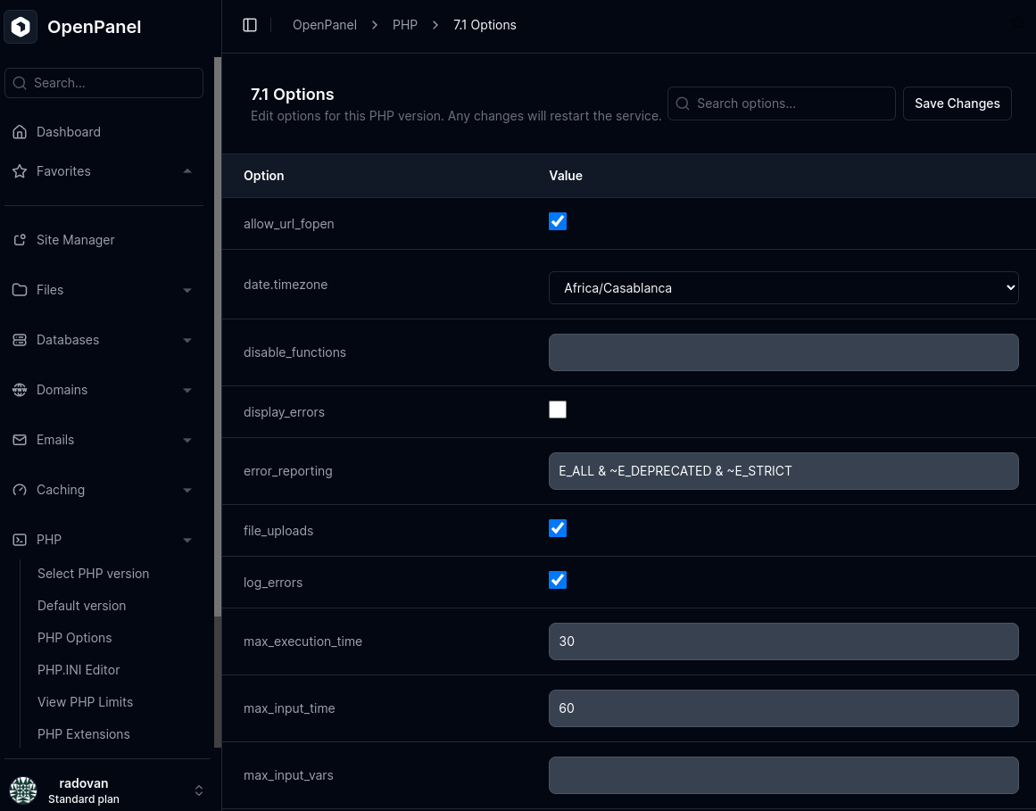 php options page