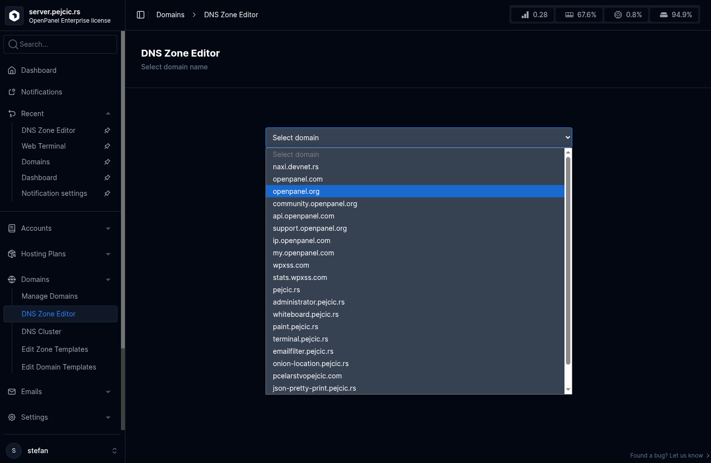 hitechadmin dns select domain