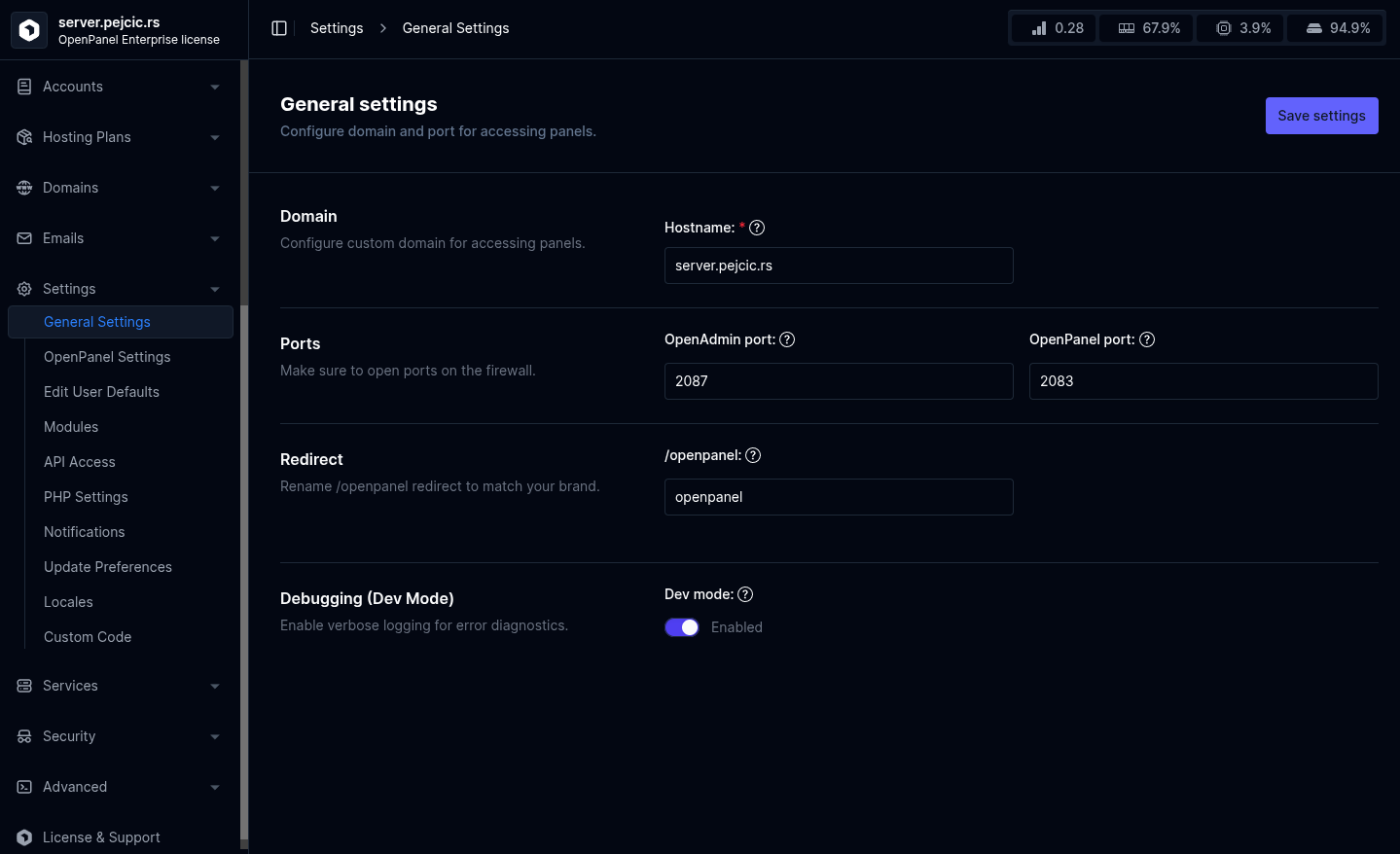 hitechadmin general panel settings