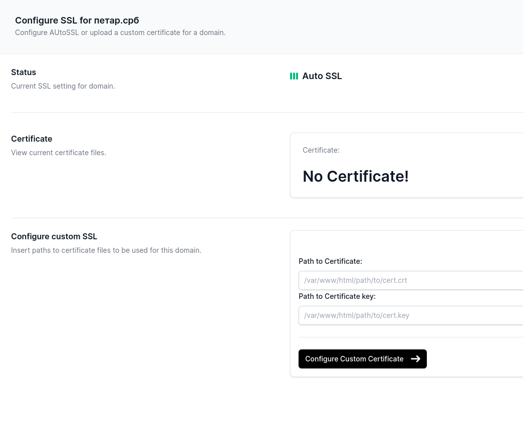ảnh chụp màn hình tên miền có AutoSSL nhưng chưa có SSL