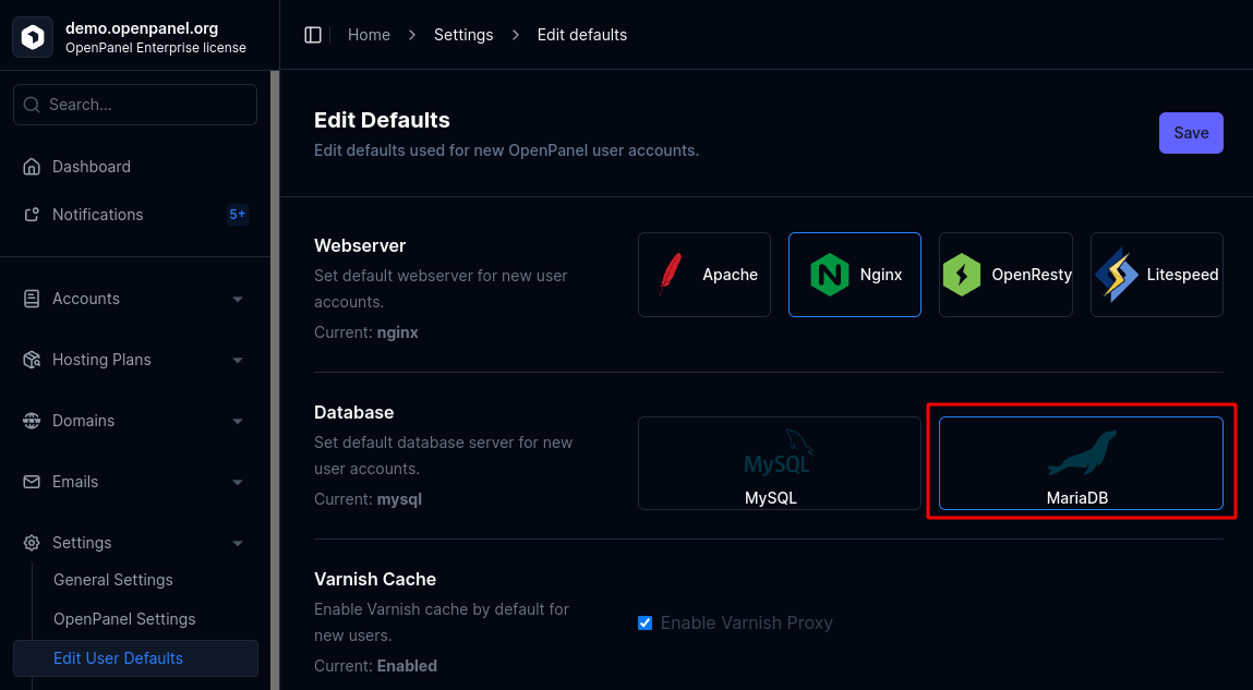 mariadb làm mặc định
